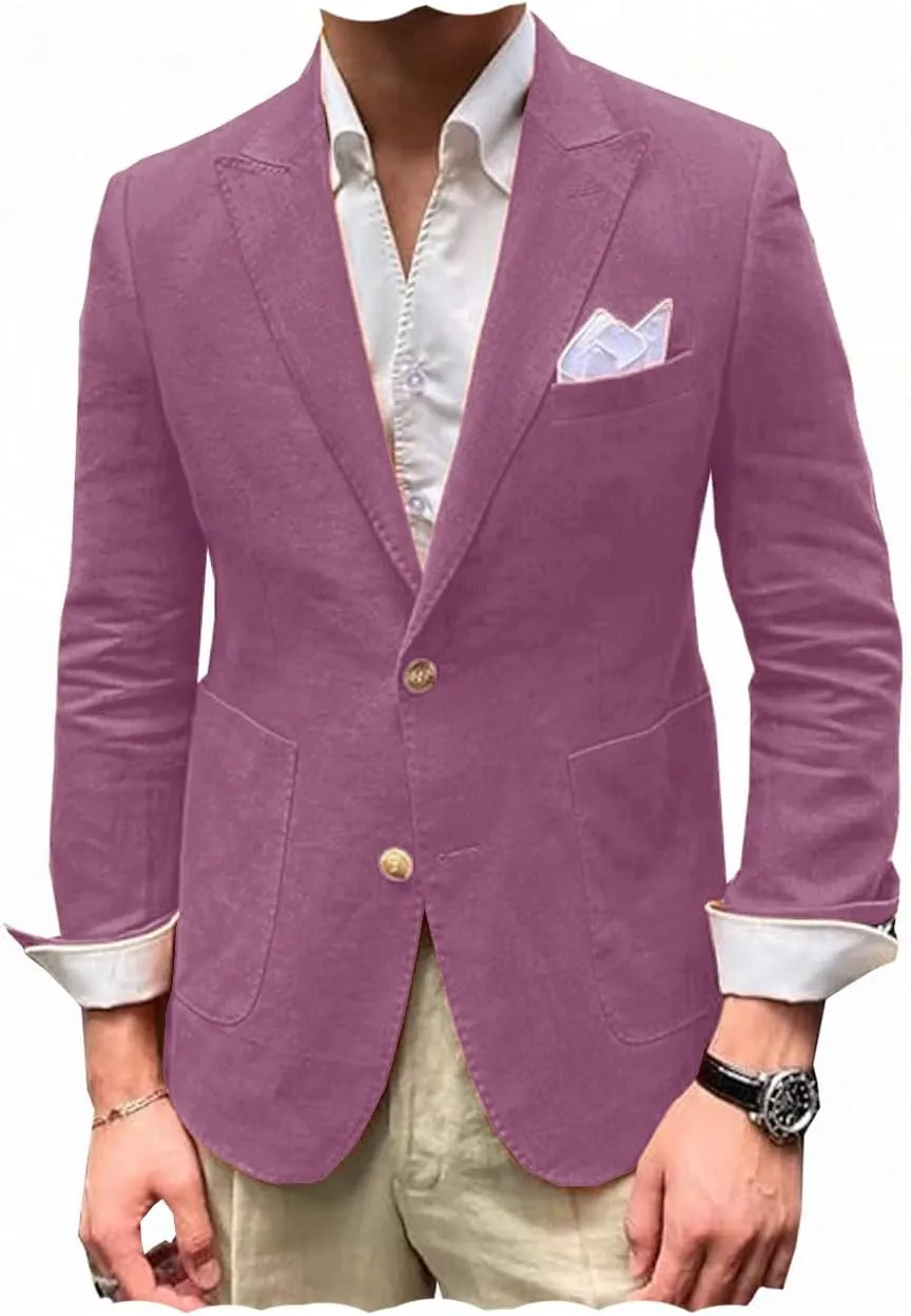 ORBITRAY Summer Men Linen Suits Blazer Sport Jacket Beach Wedding Tuxedos Peaked Lapel Groom