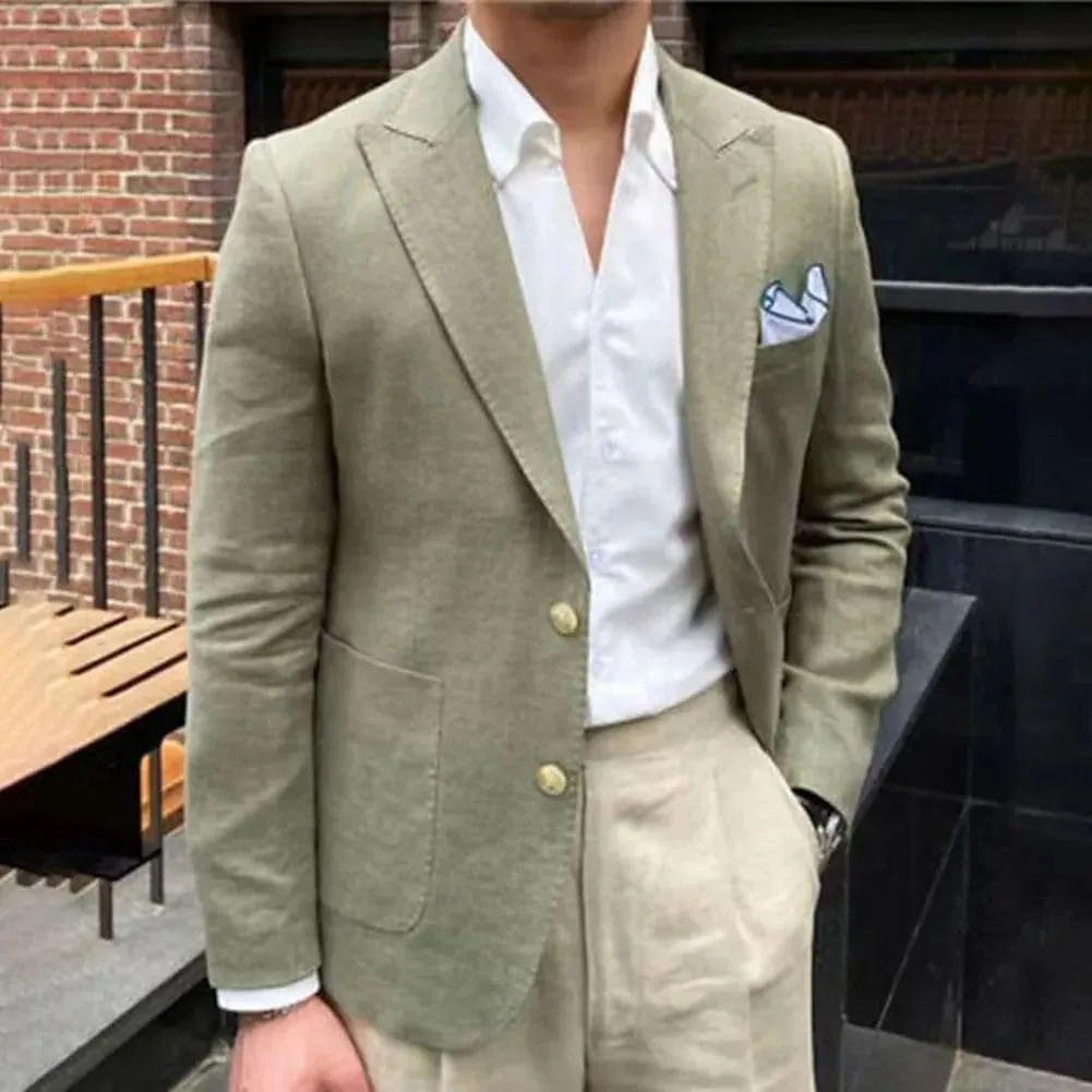 ORBITRAY Summer Men Linen Suits Blazer Sport Jacket Beach Wedding Tuxedos Peaked Lapel Groom