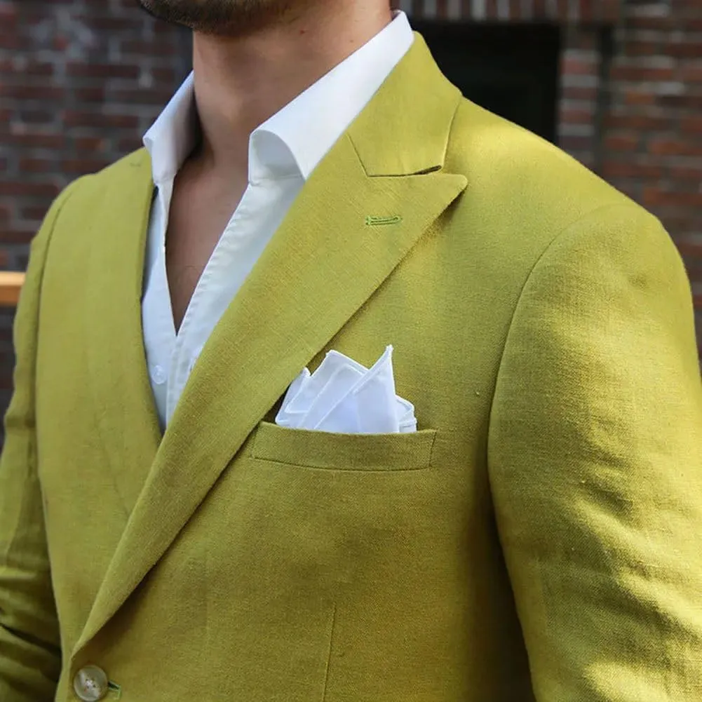 ORBITRAY Summer Men Linen Suits Blazer Sport Jacket Beach Wedding Tuxedos Peaked Lapel Groom