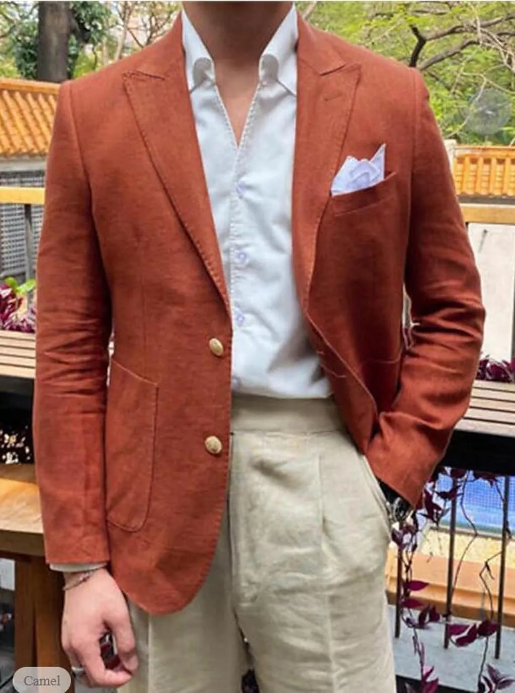 ORBITRAY Summer Men Linen Suits Blazer Sport Jacket Beach Wedding Tuxedos Peaked Lapel Groom