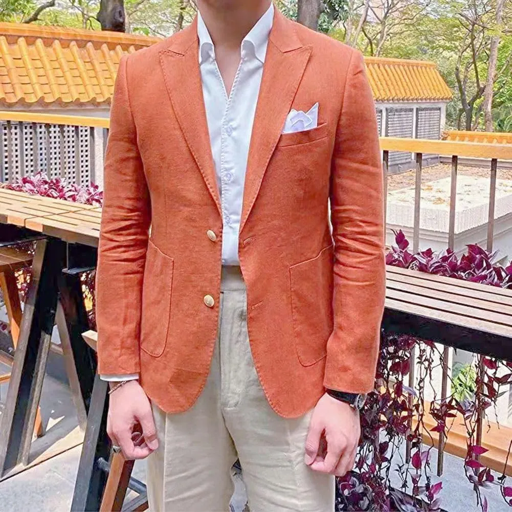 ORBITRAY Summer Men Linen Suits Blazer Sport Jacket Beach Wedding Tuxedos Peaked Lapel Groom