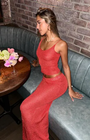 Tiered hem Draped Silhouette Star Shining Sequin Knit Maxi Skirt Red