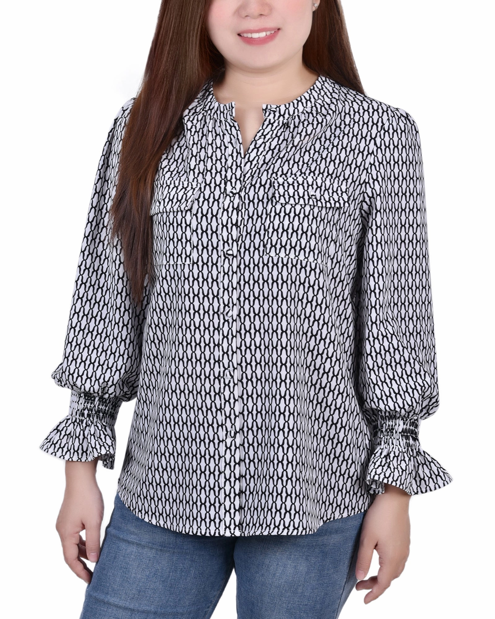 Long Sleeve Y Neck Blouse MicroPerforated Details QuickRelease Fastener