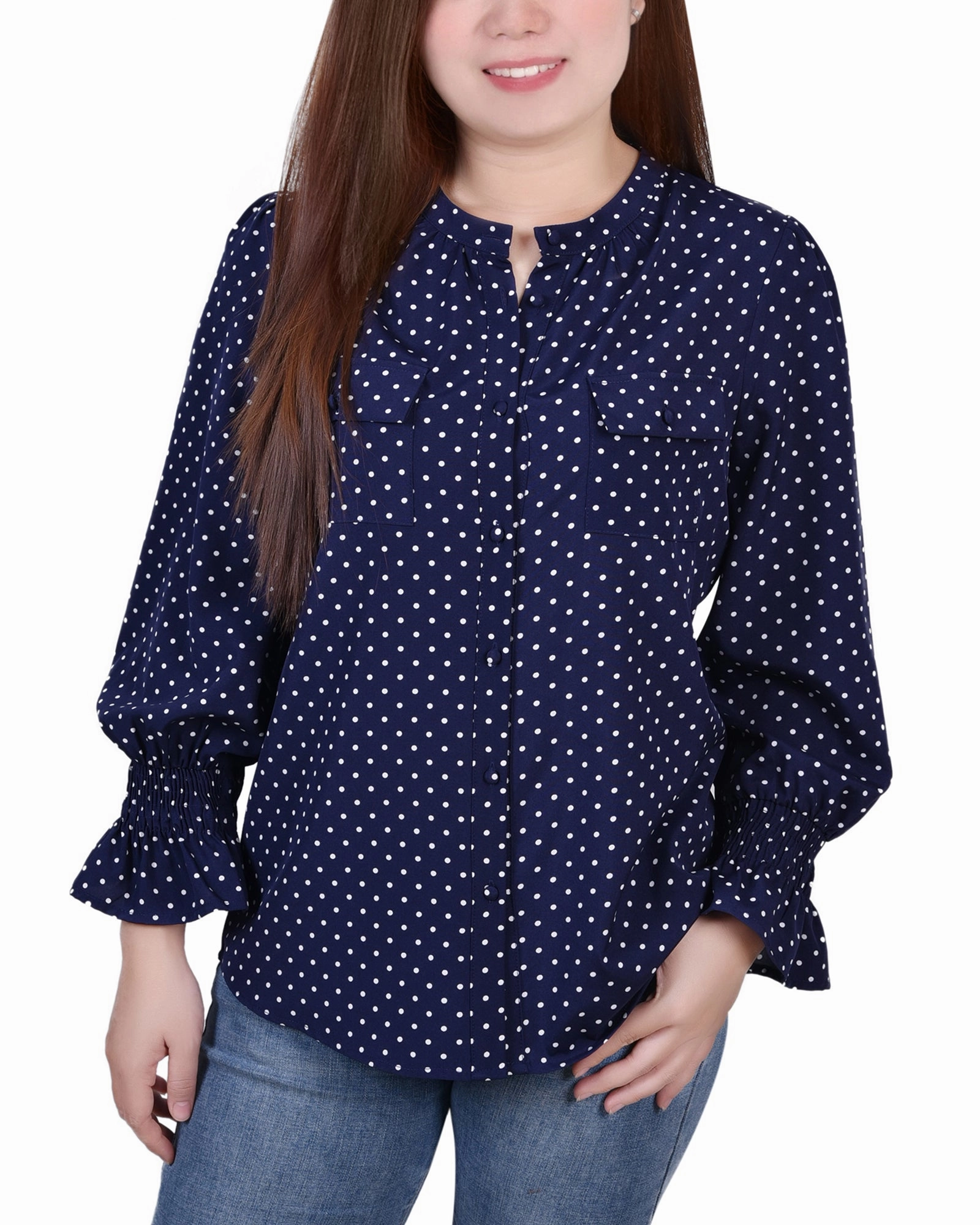 MeshPanel Long Sleeve Y Neck Blouse