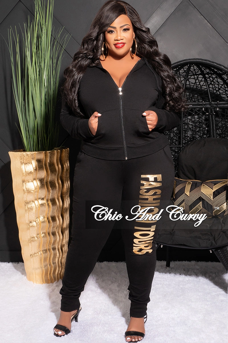 Final Sale Plus Size Fashion Tours Hooded Jogging Set in Black Flexible Waistband