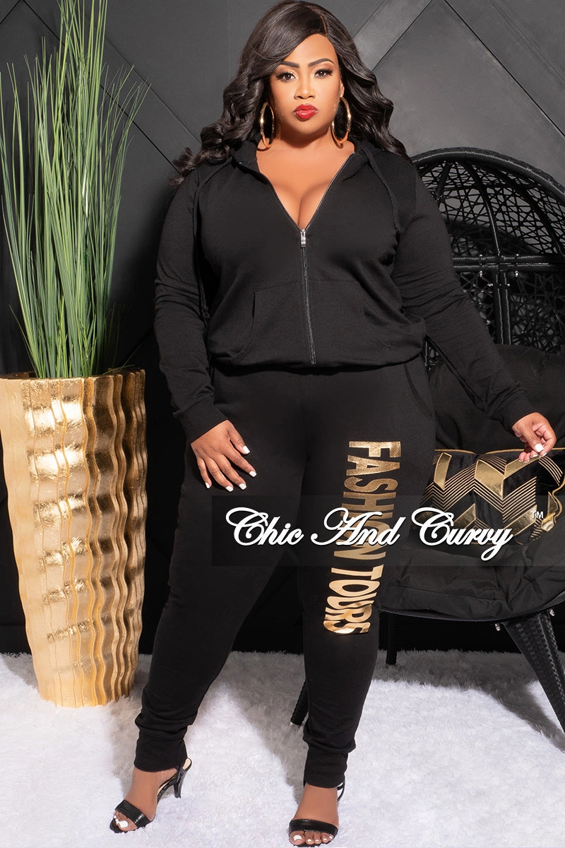 Sporty Comfort Wear Machine washable Final Sale Plus Size Fashion Tours Hooded Jogging Set in Black