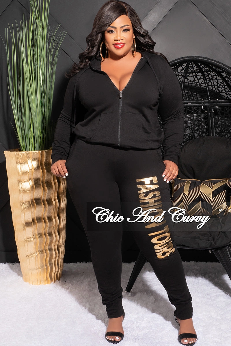 Final Sale Plus Size Fashion Tours Hooded Jogging Set in Black Trendy Look Core Support