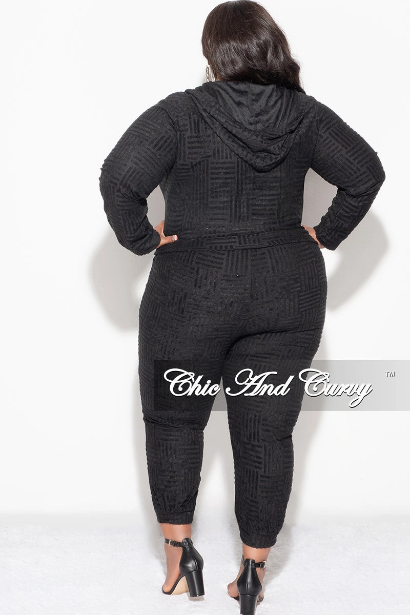 Stylish Waistband Low Profile Design Final Sale Plus Size 2pc Velvet Hooded Zip-Up Jacket and Pants Set in Black