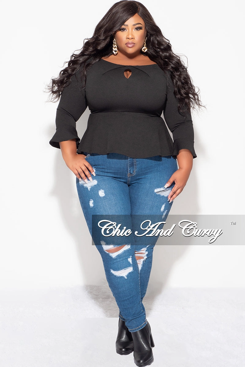 Body Ready Final Sale Plus Size Bell Sleeve Peplum Top with Front Keyhole in Black
