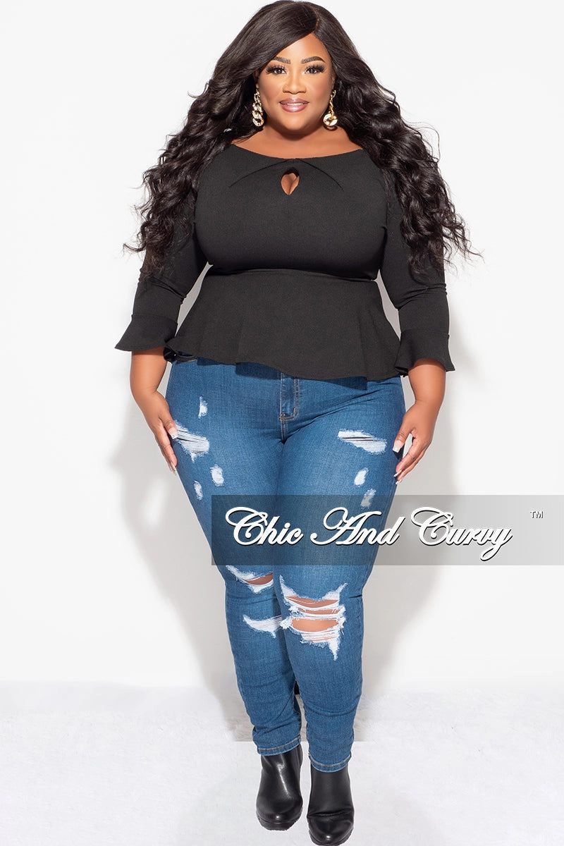 Final Sale Plus Size Bell Sleeve Peplum Top with Front Keyhole in Black Breathable Weave Fabric