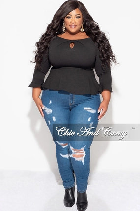 Final Sale Plus Size Bell Sleeve Peplum Top with Front Keyhole in Black Breathable Weave Fabric