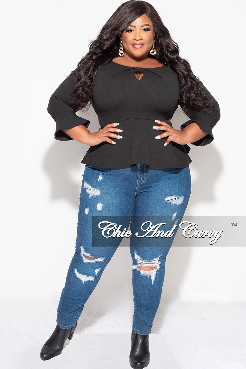 Final Sale Plus Size Bell Sleeve Peplum Top with Front Keyhole in Black Sustainable Material Blend Chill Style