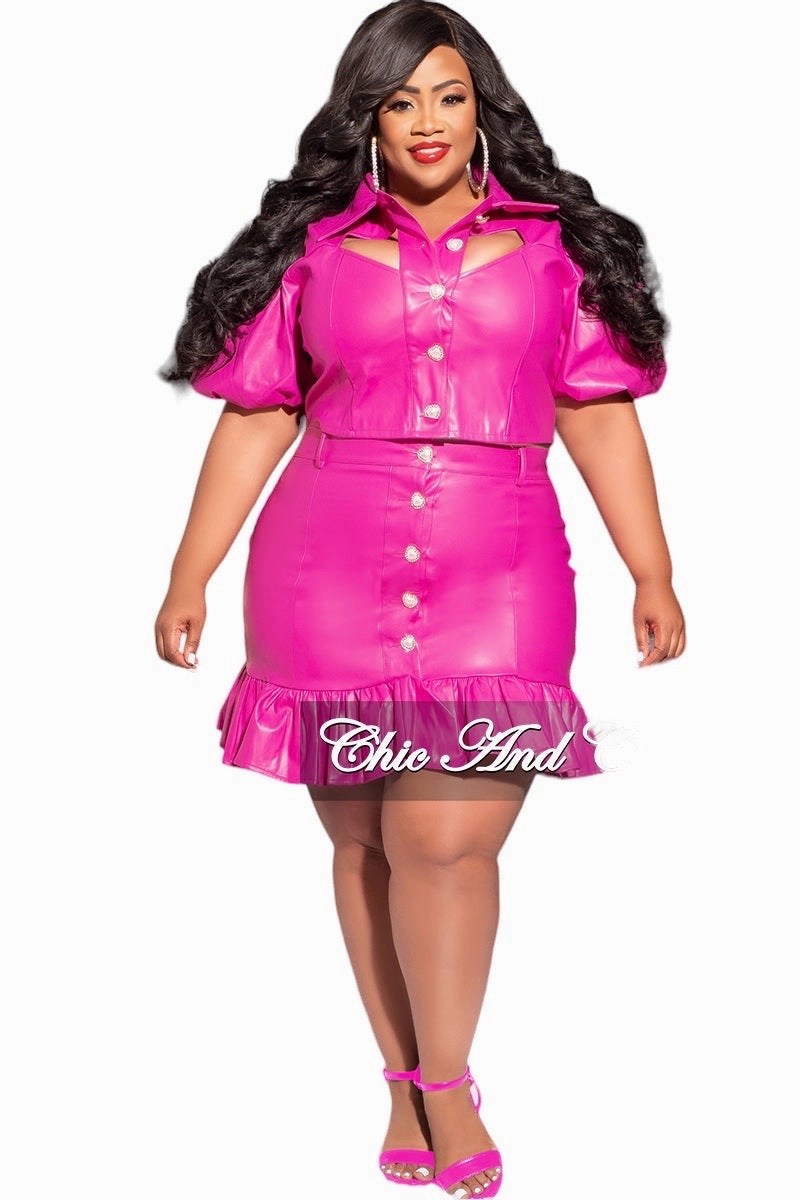 Final Sale Plus Size 2pc Collar Puffy Crown Sleeve Crop Top with Cutouts and Ruffle Skirt Set in Pink Vegan Leather UVProtectiveLayer Wrinklefree