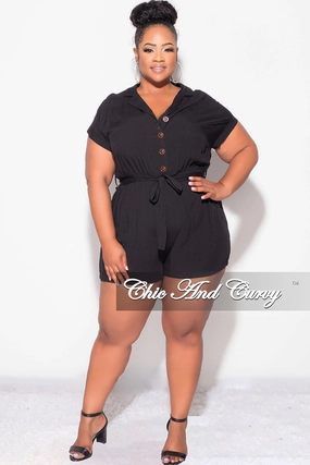 Final Sale Plus Size Collar Button Up Romper in Black Simple Silhouette Structured Hemline