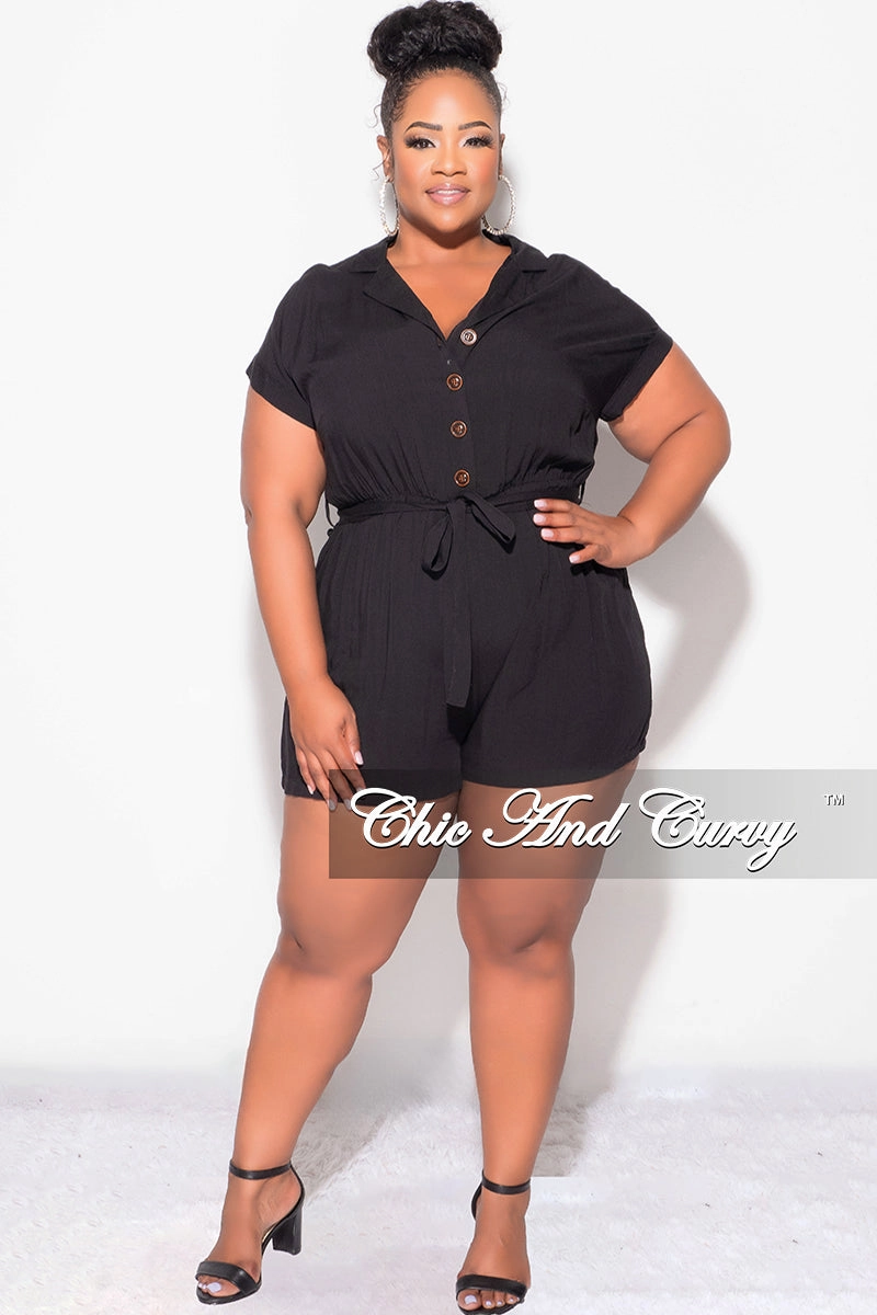Final Sale Plus Size Collar Button Up Romper in Black Simple Silhouette Structured Hemline