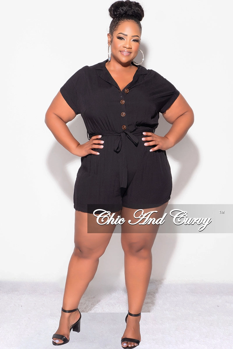 windproof Final Sale Plus Size Collar Button Up Romper in Black