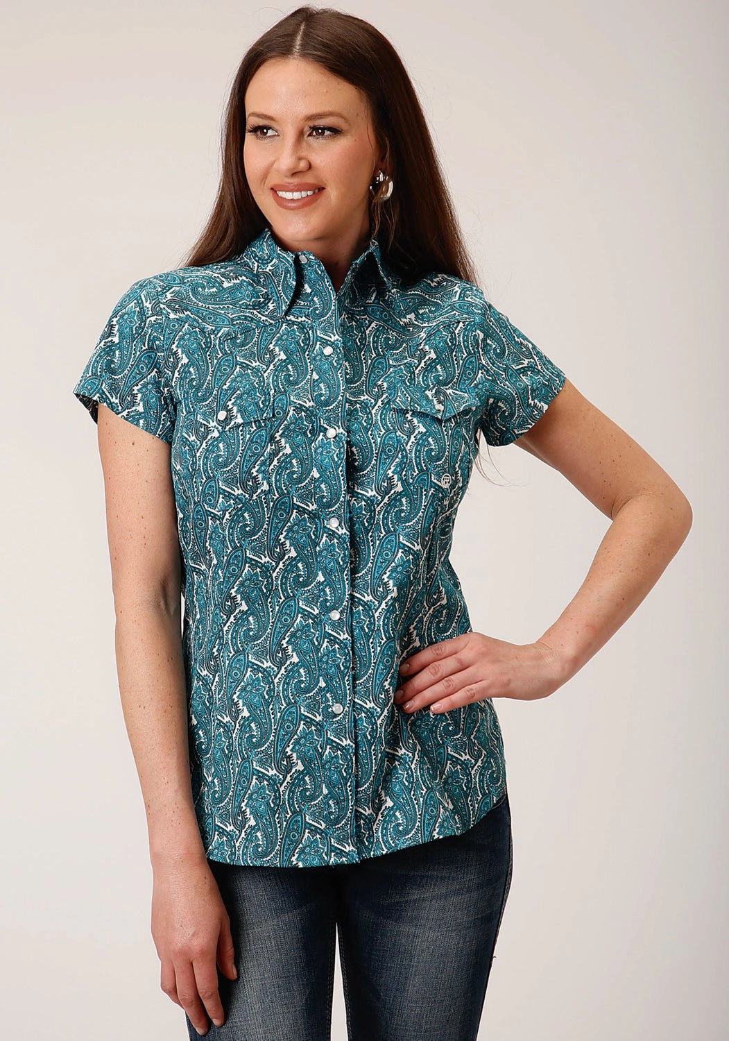 Unisex Choice Travel-friendly Roper Womens Turquoise 100% Cotton Upstream Paisley S/S Shirt