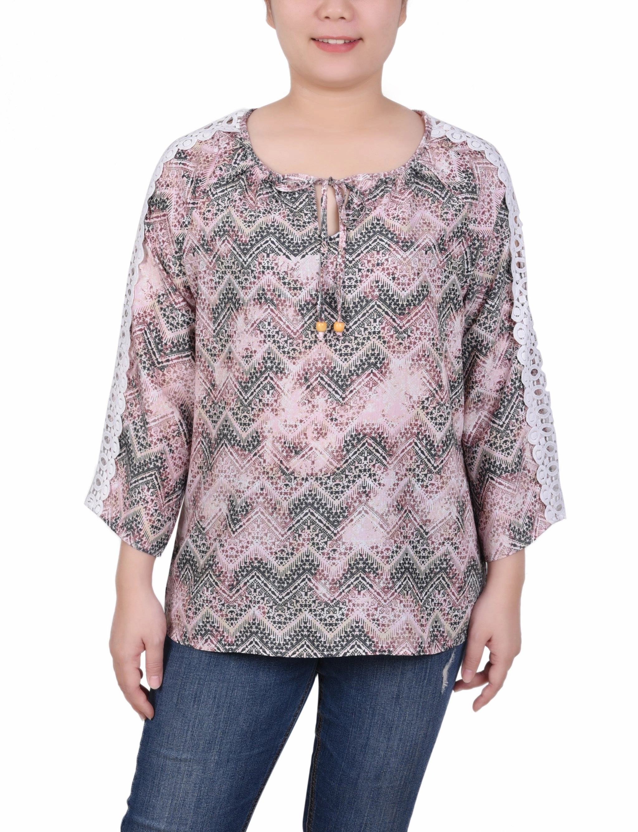 3/4 Sleeve Crochet Detail Blouse PreShrunkFabric