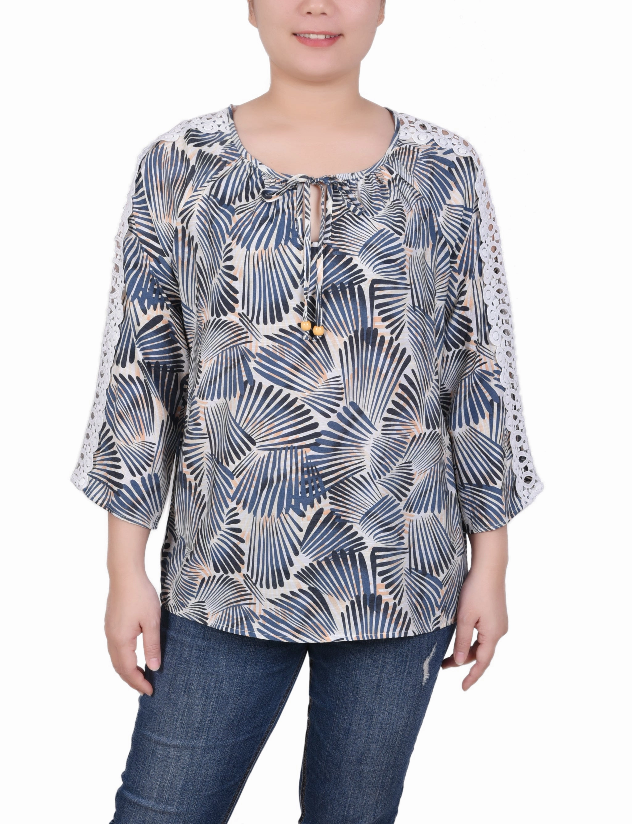 NonSlip Grip Tape 3/4 Sleeve Crochet Detail Blouse