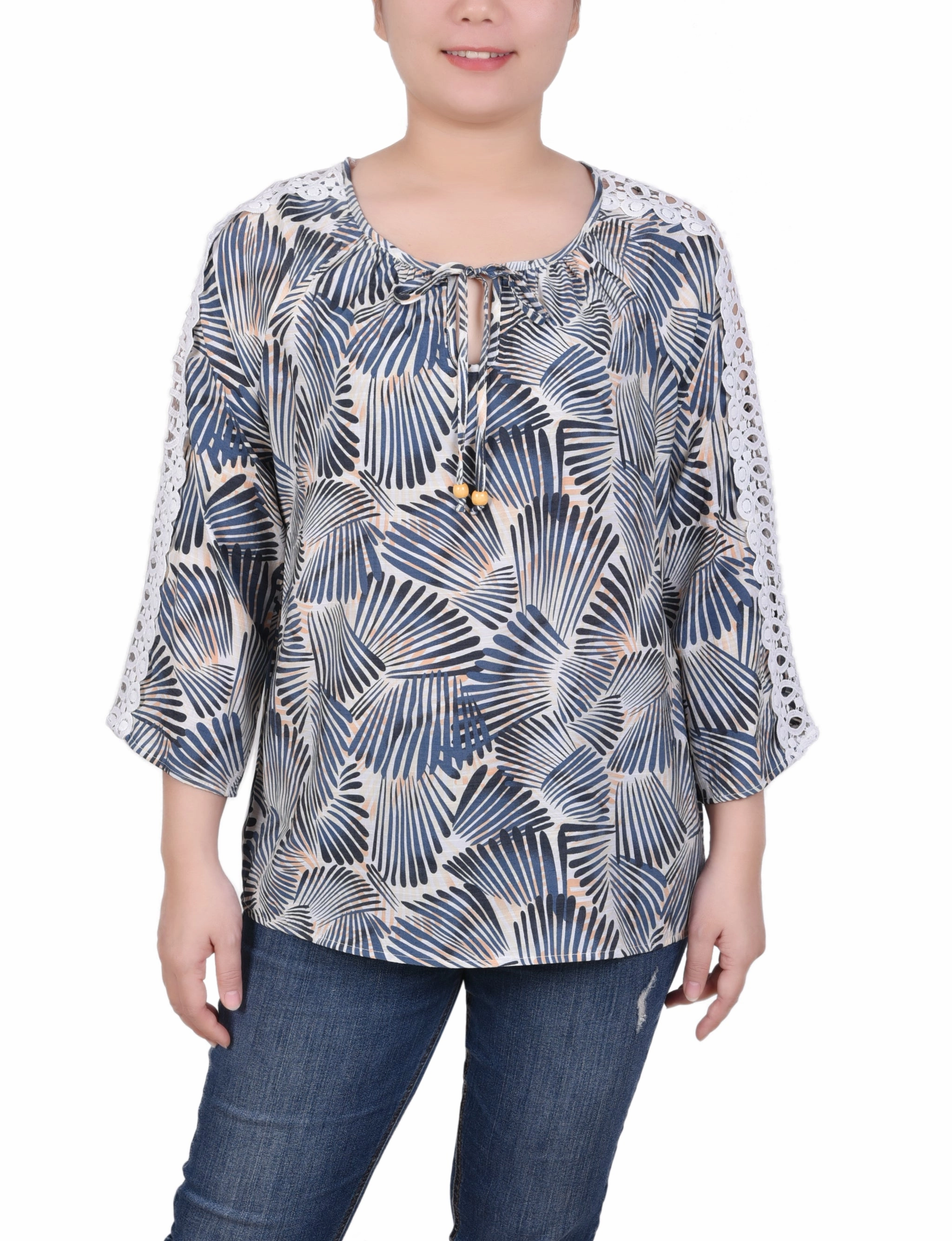 Airflow Mesh Insert Flex Fit Shoulder Construction 3/4 Sleeve Crochet Detail Blouse