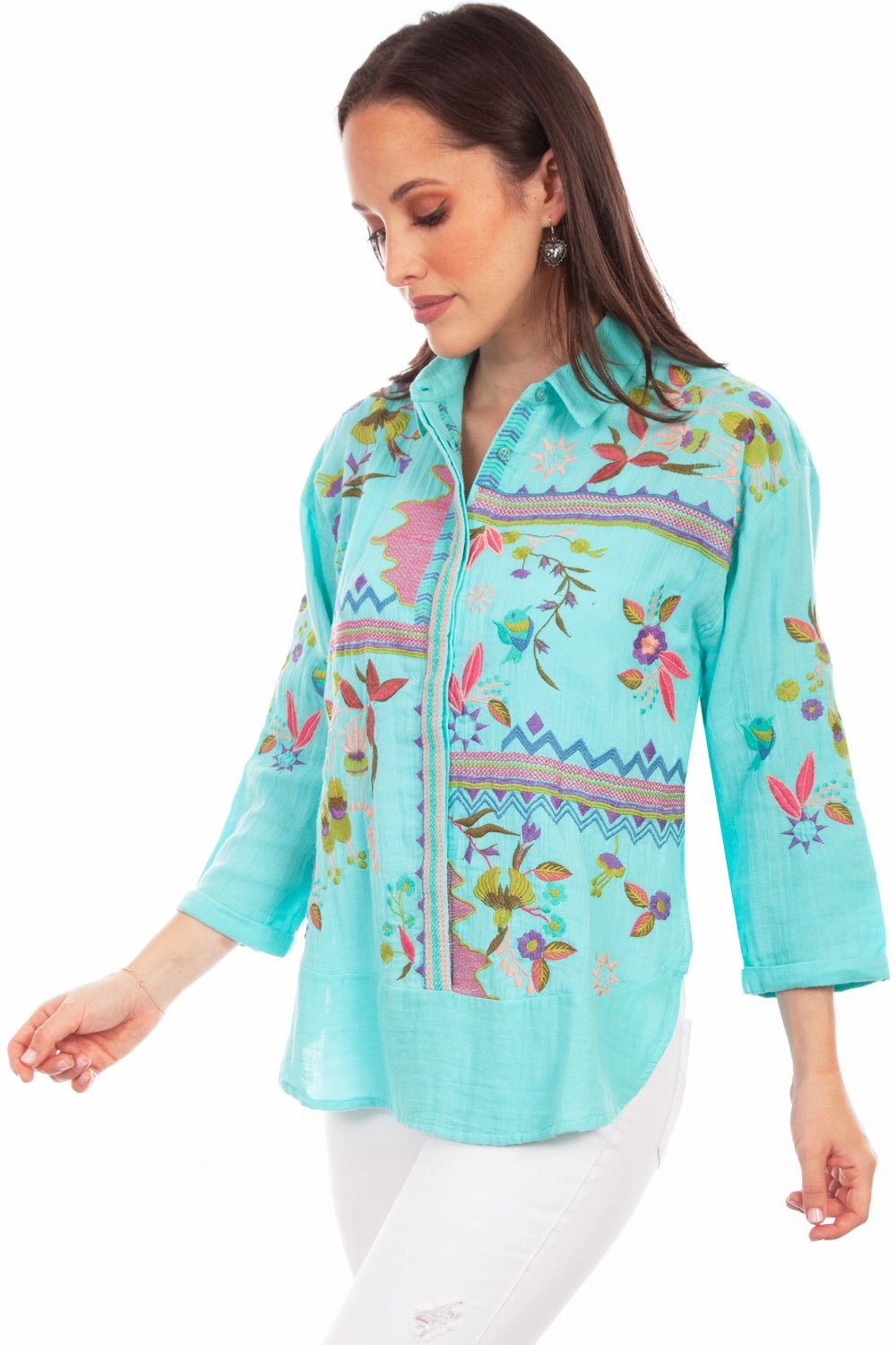 Scully Womens Double Gauze Turquoise 100% Cotton S/S Blouse Round Collar Timeless elegance