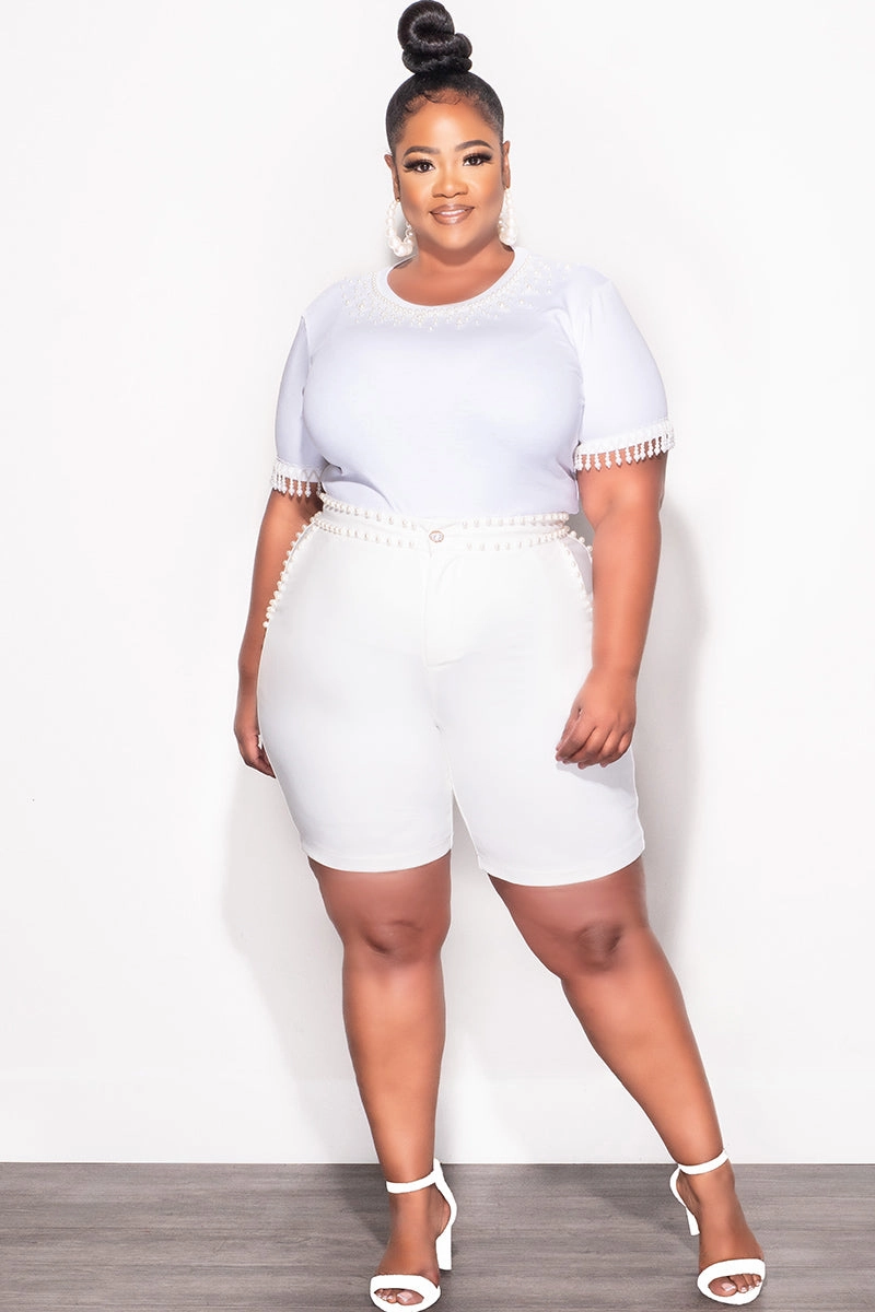 Final Sale Plus Size 2pc Set Pearl Studded Top & Shorts in Ivory Multi Panel Construction