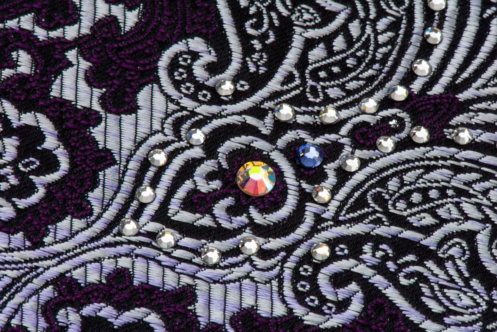 Paco Rabanne Men's Woven Silk Rhinestone Tie Silver Damask On Dark Purple