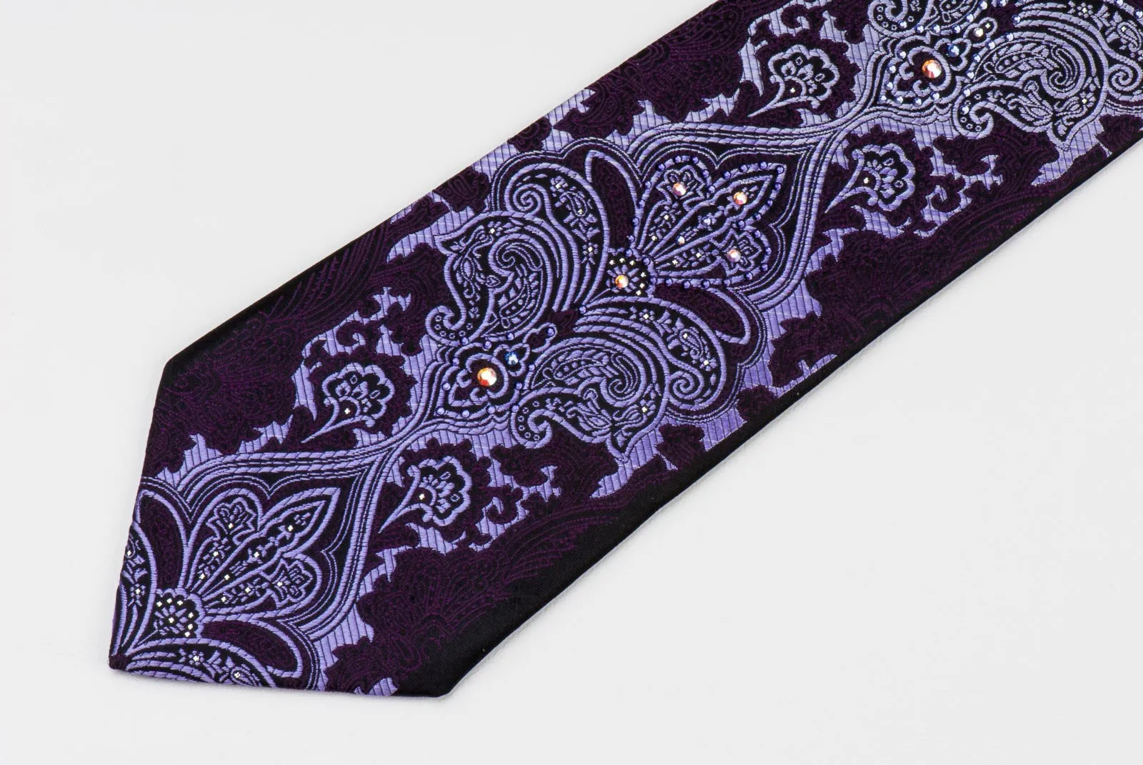 Paco Rabanne Men's Woven Silk Rhinestone Tie Silver Damask On Dark Purple