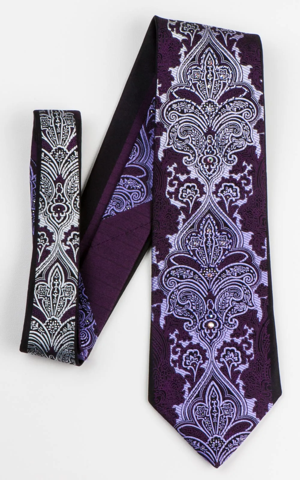 Paco Rabanne Men's Woven Silk Rhinestone Tie Silver Damask On Dark Purple