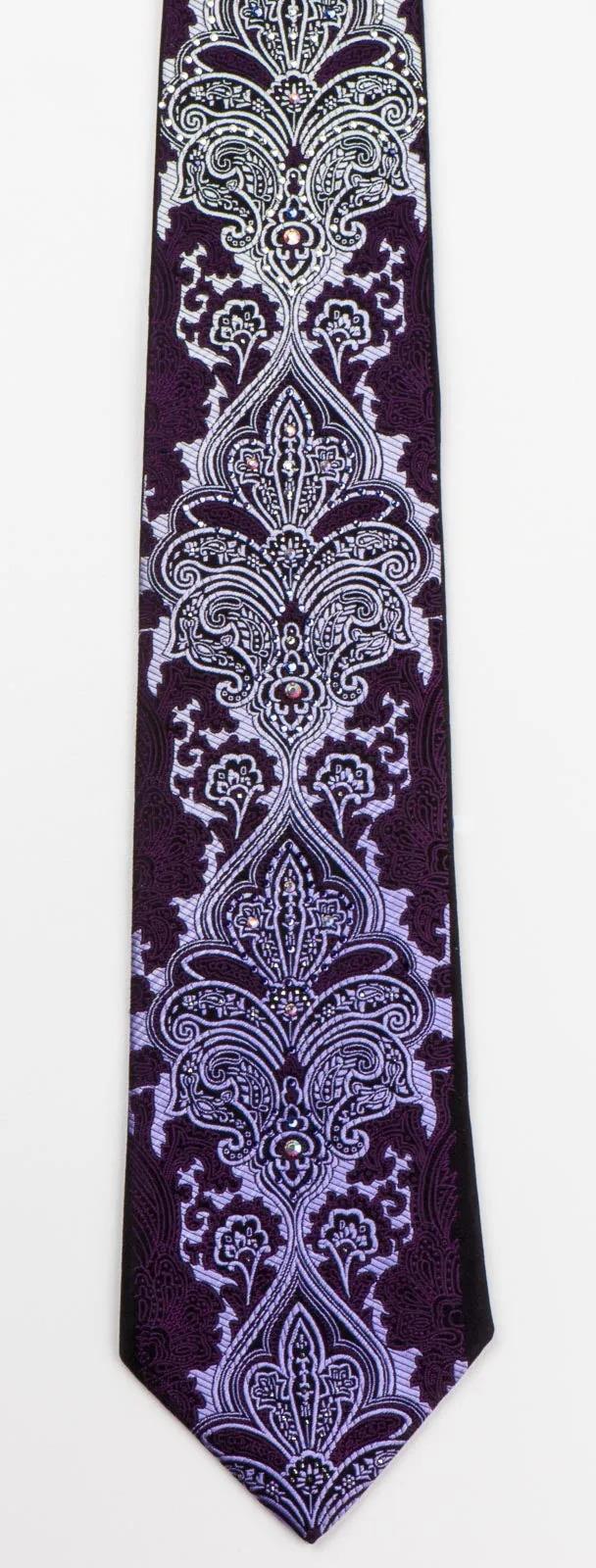 Paco Rabanne Men's Woven Silk Rhinestone Tie Silver Damask On Dark Purple