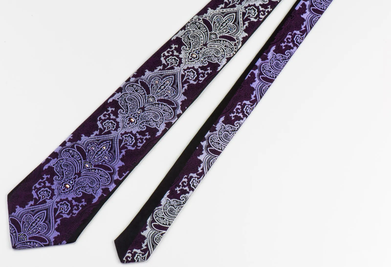 Paco Rabanne Men's Woven Silk Rhinestone Tie Silver Damask On Dark Purple