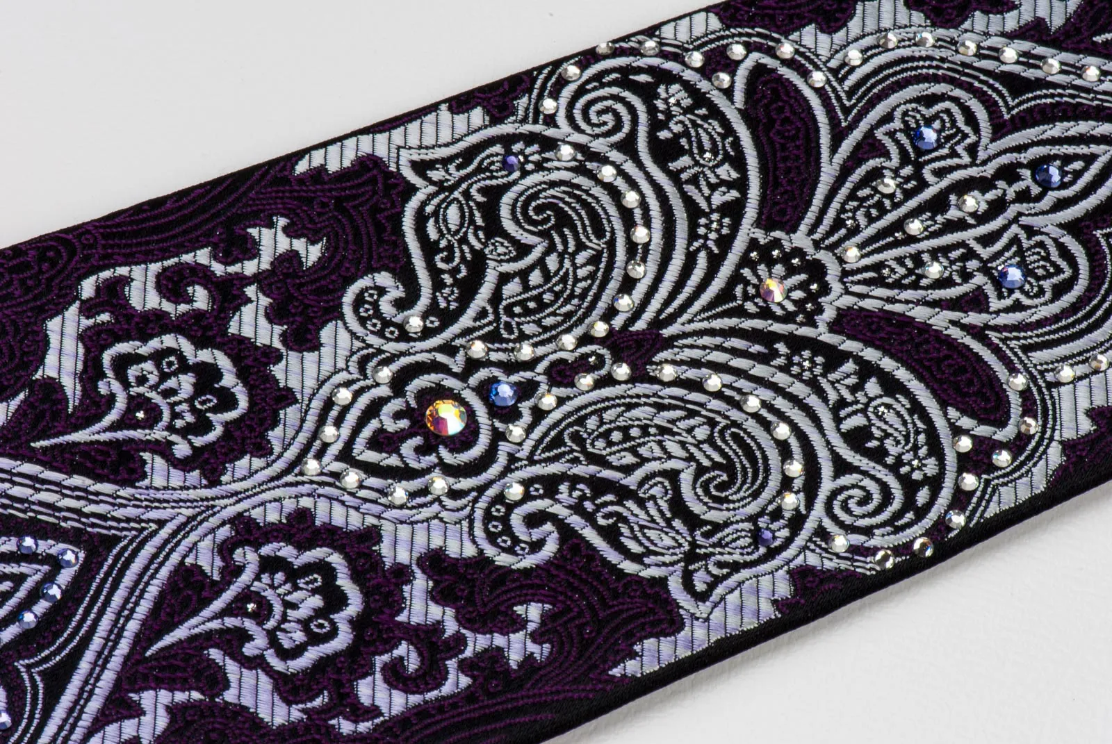 Paco Rabanne Men's Woven Silk Rhinestone Tie Silver Damask On Dark Purple