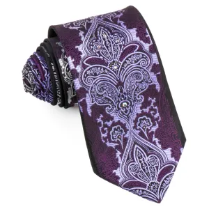 Paco Rabanne Men's Woven Silk Rhinestone Tie Silver Damask On Dark Purple
