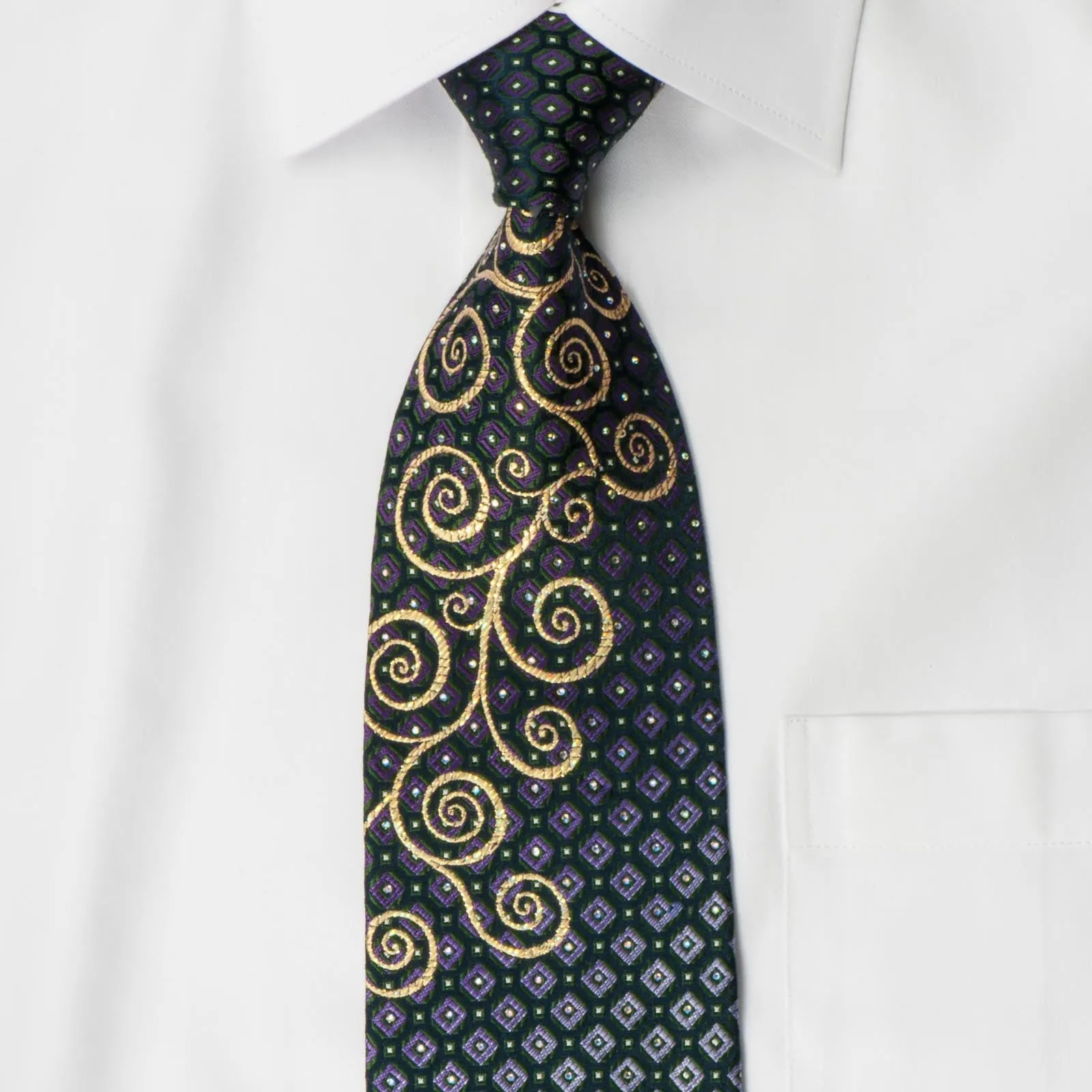 Paco Rabanne Rhinestone Necktie Golden Scrolls On Blue With Silver Sparkles