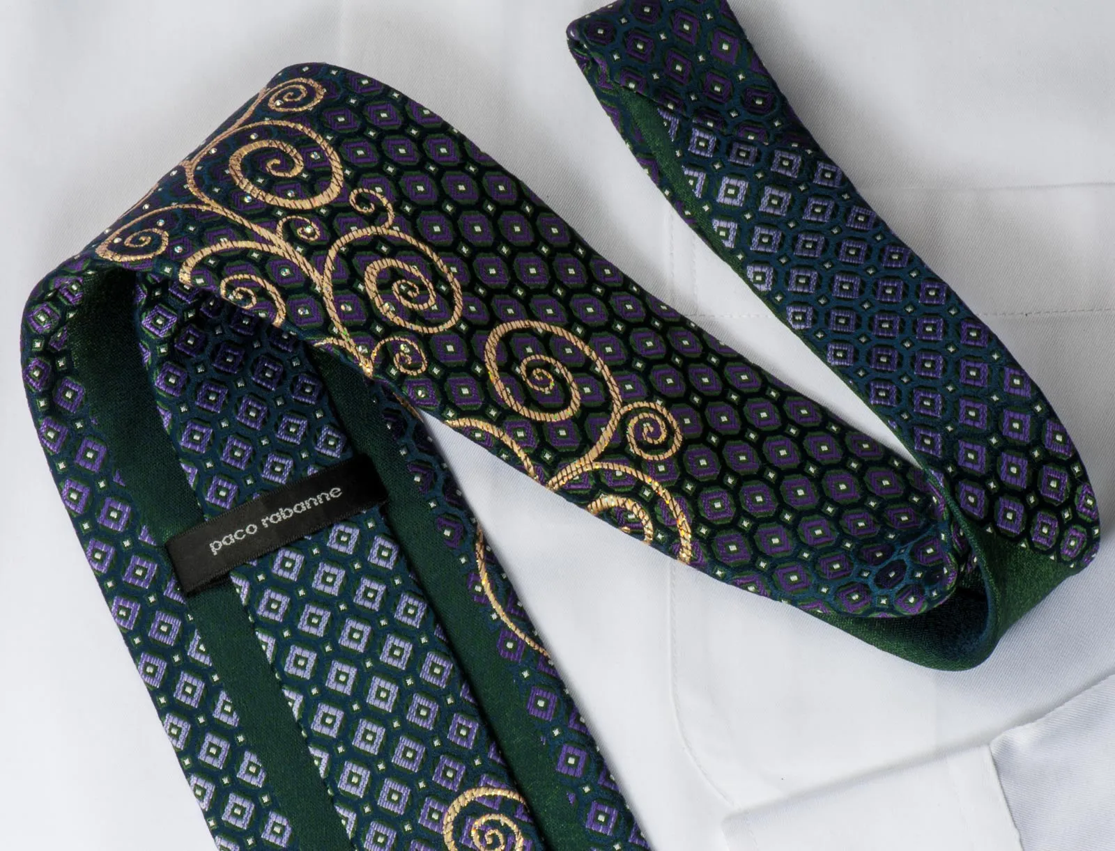 Paco Rabanne Rhinestone Necktie Golden Scrolls On Blue With Silver Sparkles