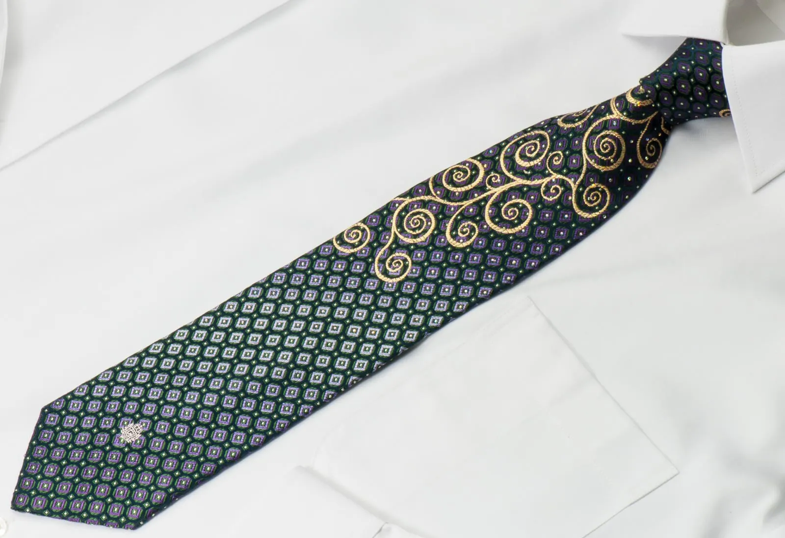 Paco Rabanne Rhinestone Necktie Golden Scrolls On Blue With Silver Sparkles
