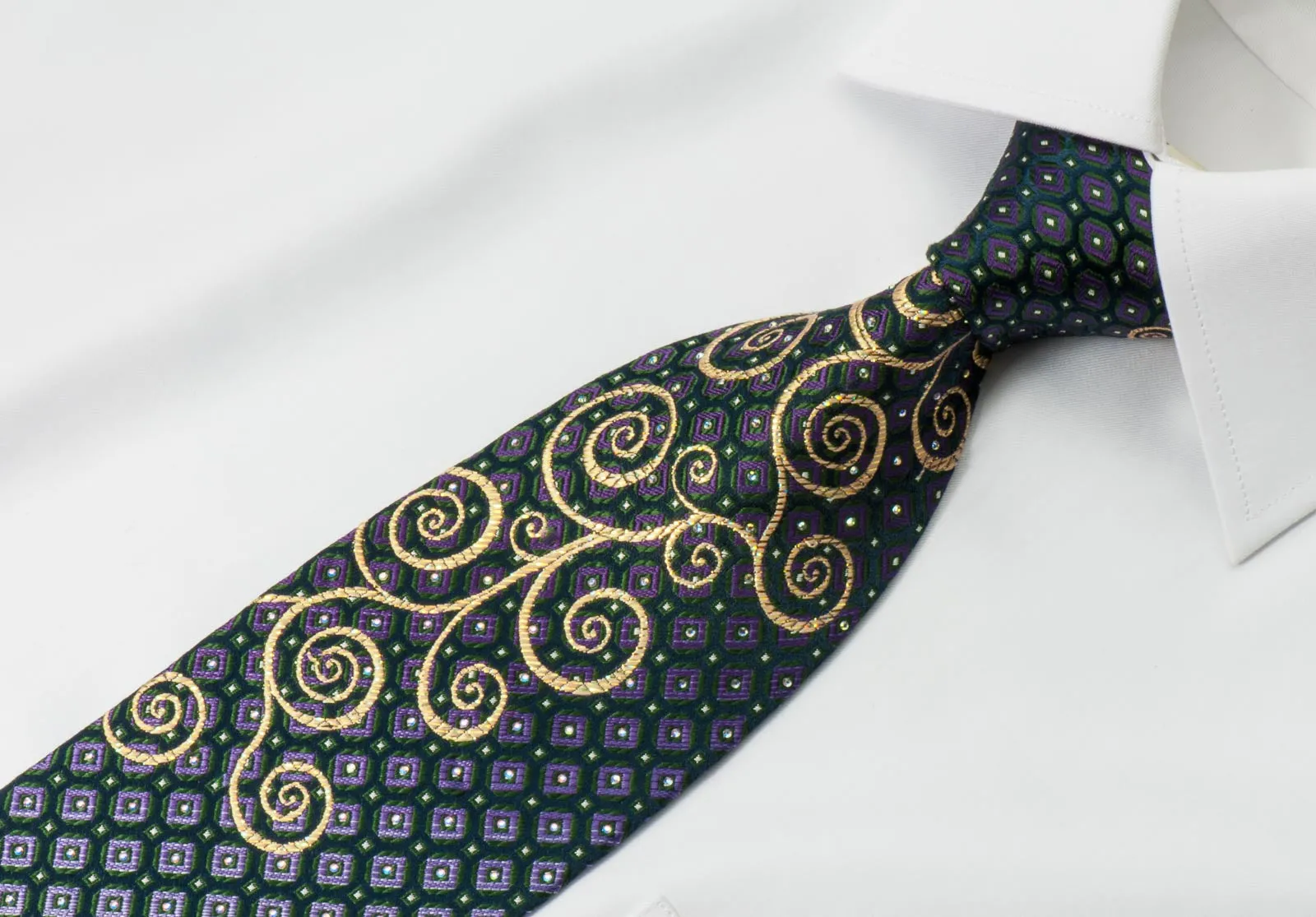 Paco Rabanne Rhinestone Necktie Golden Scrolls On Blue With Silver Sparkles