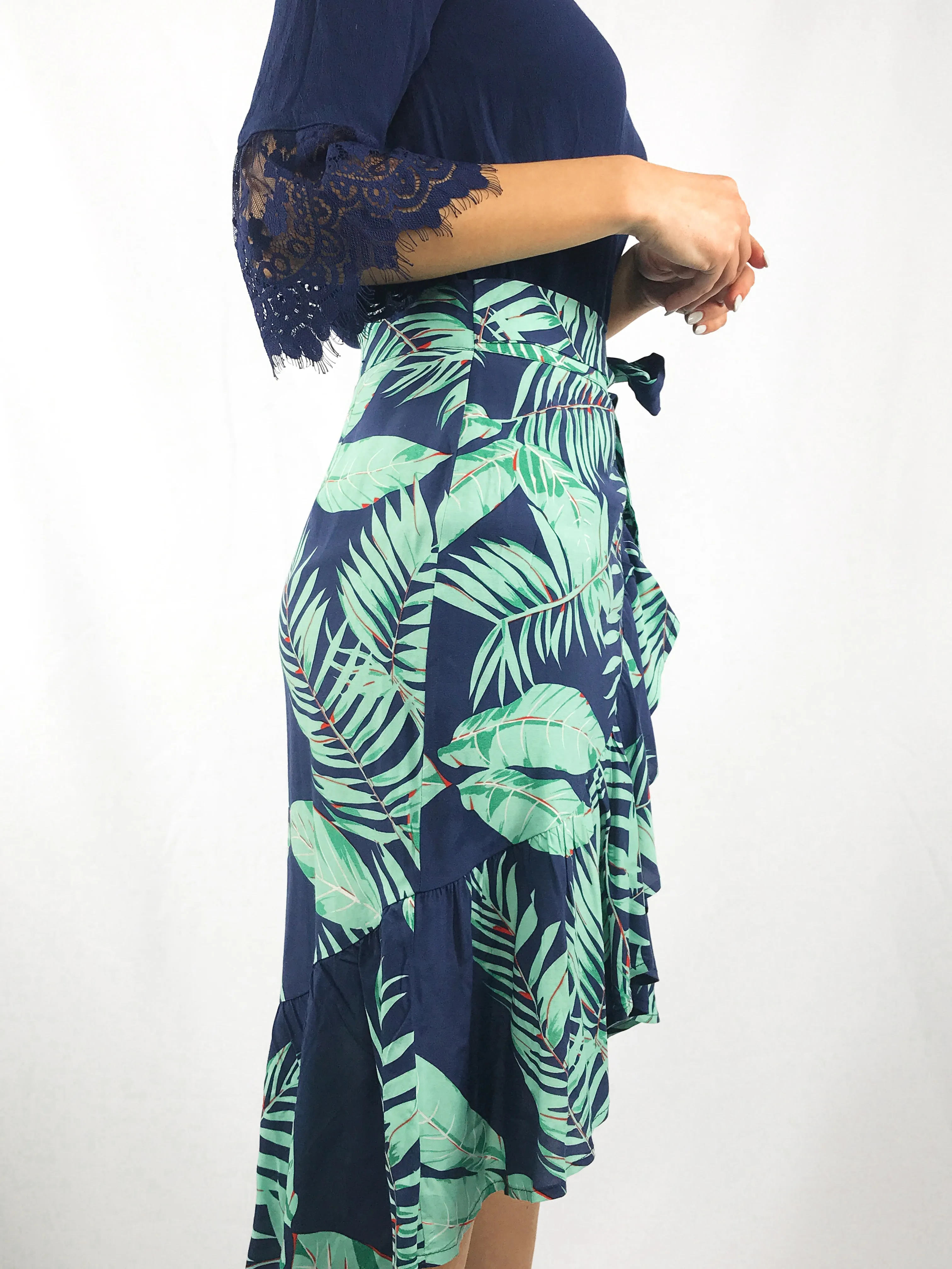 Palm Ruffle Wrap Midi Skirt