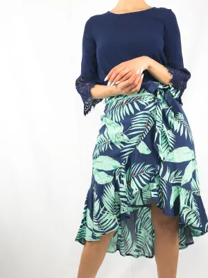 Palm Ruffle Wrap Midi Skirt