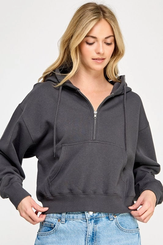 Compact Jacquard Weave Stretch Woven Material Panama Basic Fleece Half Zip Up Hoodie