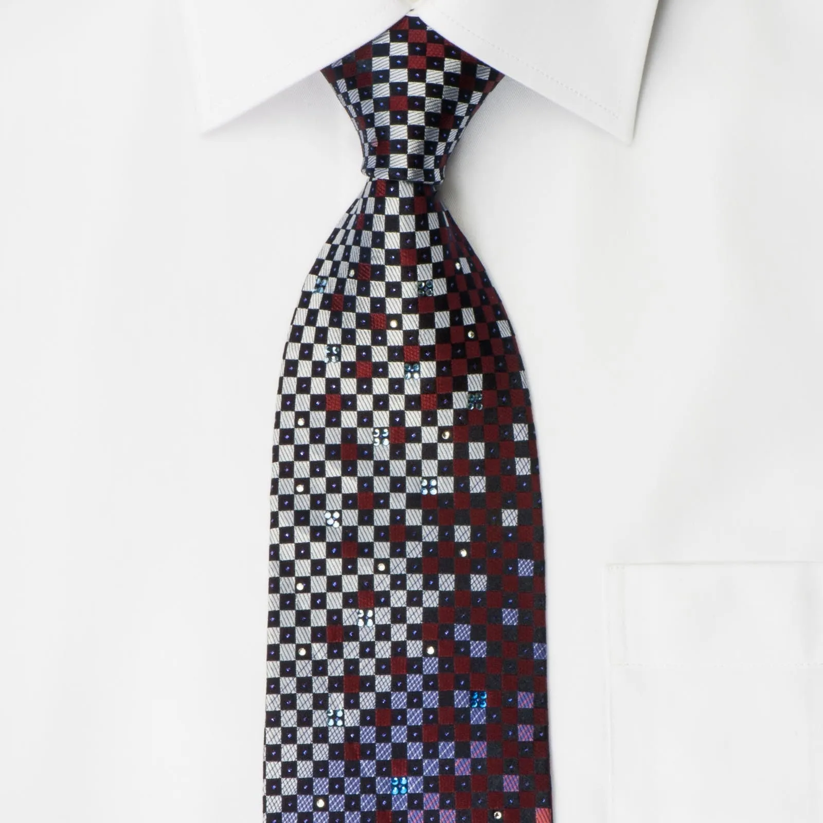 Park Land Crystal Rhinestone Silk Necktie Checker On Burgundy With Purple Sparkles