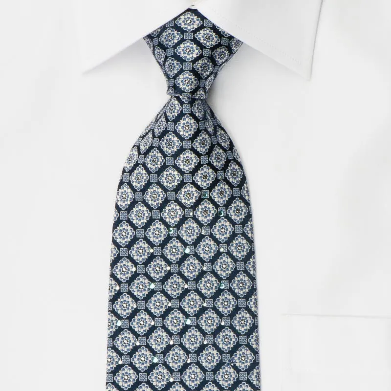 Park Land Men's Silk Rhinestone Necktie Silver Foulard Floral Design On Blue With Sparkles