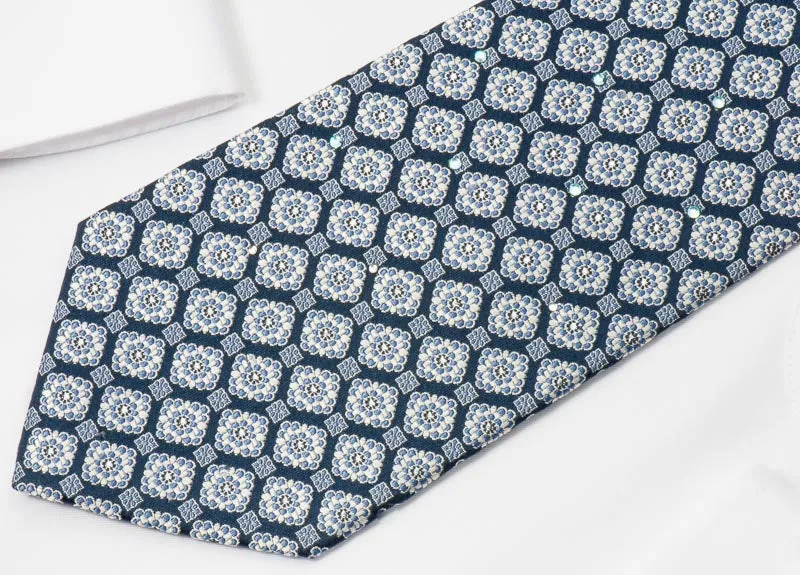 Park Land Men's Silk Rhinestone Necktie Silver Foulard Floral Design On Blue With Sparkles