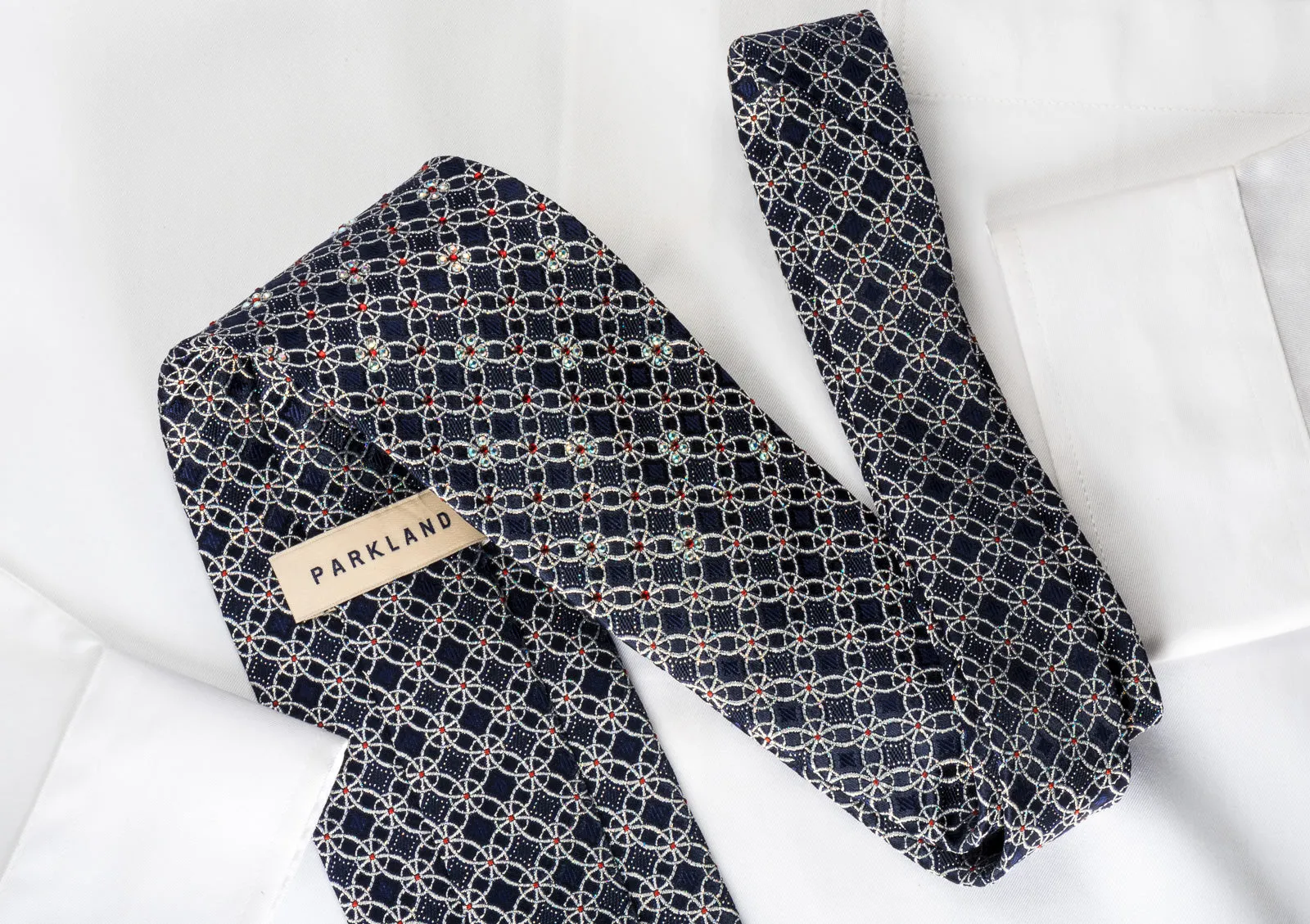 Park Land Silk Rhinestone Necktie Sparkling Silver Trellis On Blue With Sparkles