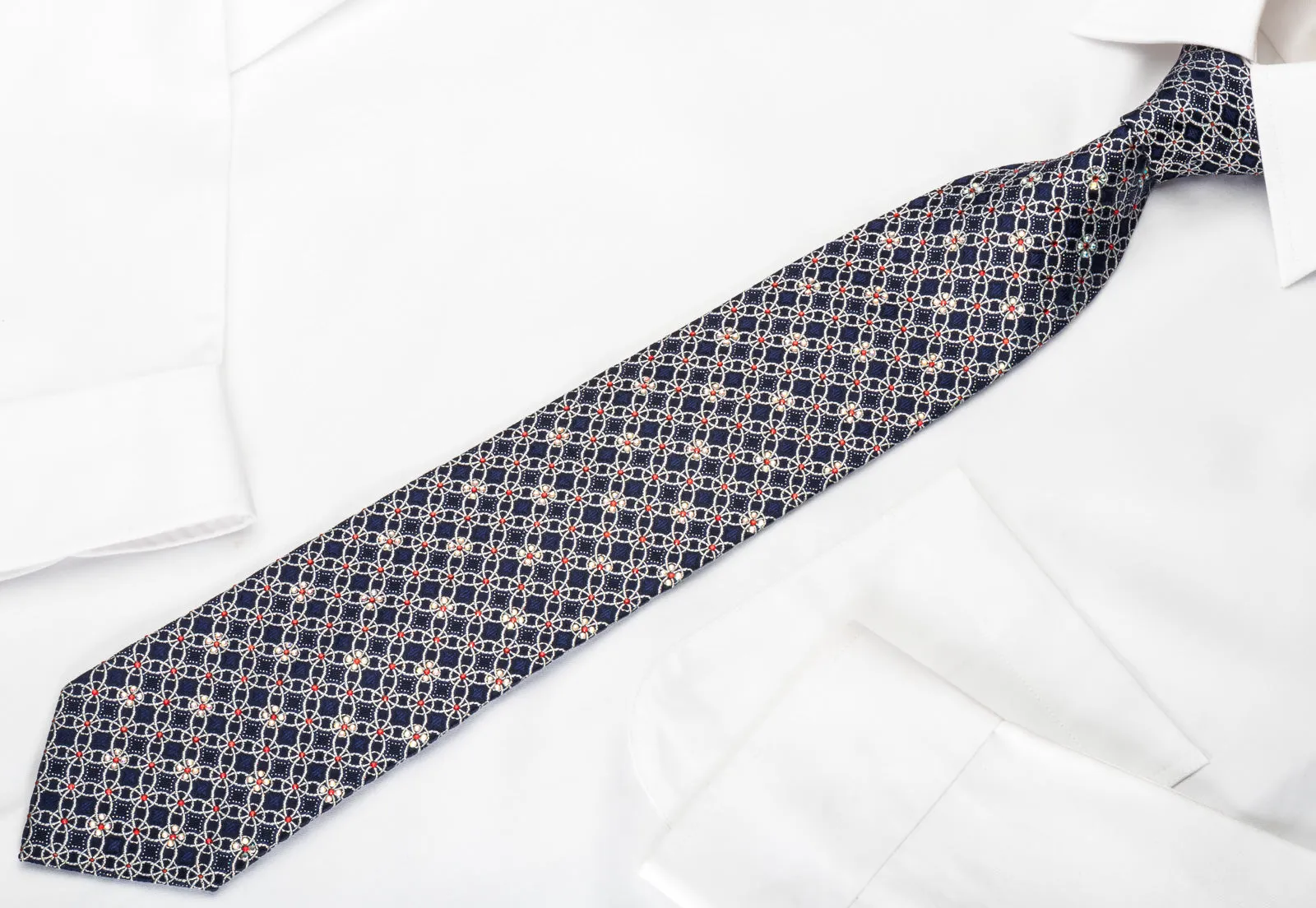 Park Land Silk Rhinestone Necktie Sparkling Silver Trellis On Blue With Sparkles