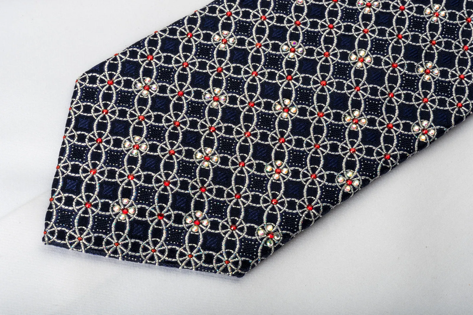 Park Land Silk Rhinestone Necktie Sparkling Silver Trellis On Blue With Sparkles