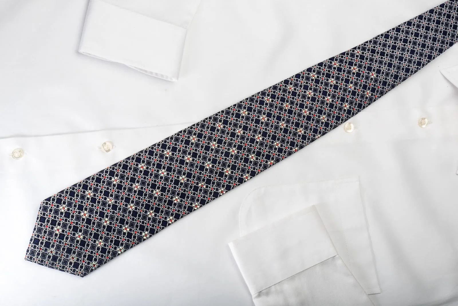 Park Land Silk Rhinestone Necktie Sparkling Silver Trellis On Blue With Sparkles