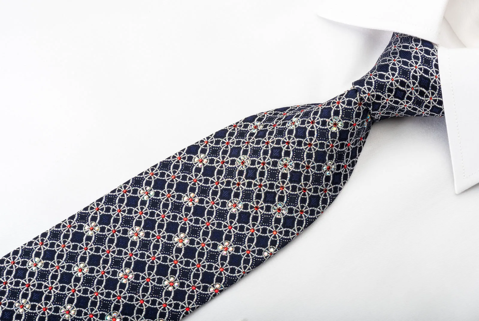 Park Land Silk Rhinestone Necktie Sparkling Silver Trellis On Blue With Sparkles