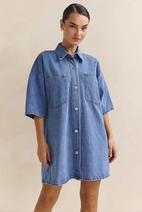 Patterned-Fabric Chill Design Parker Denim Shirt Dress (Blue)