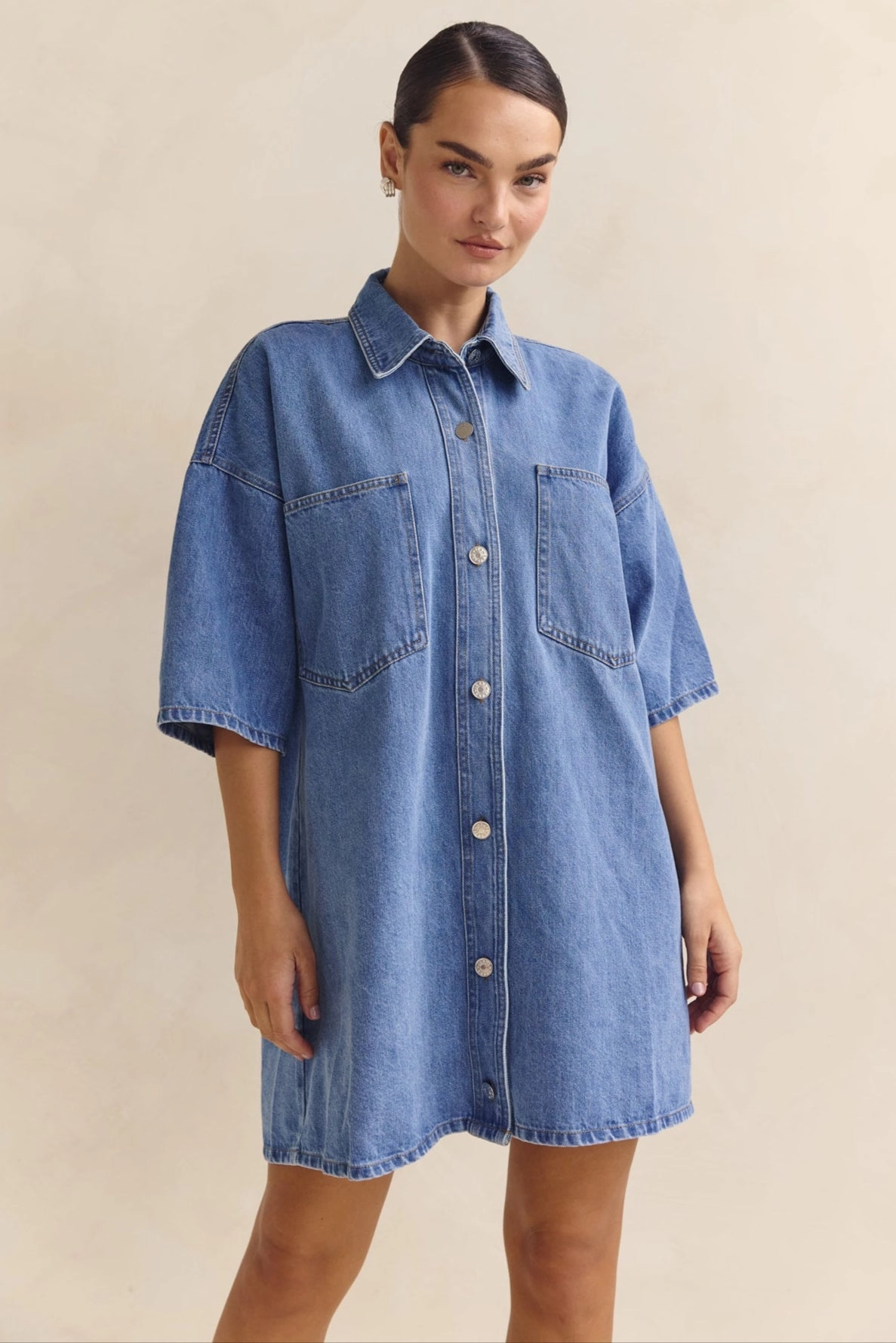 Patterned-Fabric Chill Design Parker Denim Shirt Dress (Blue)